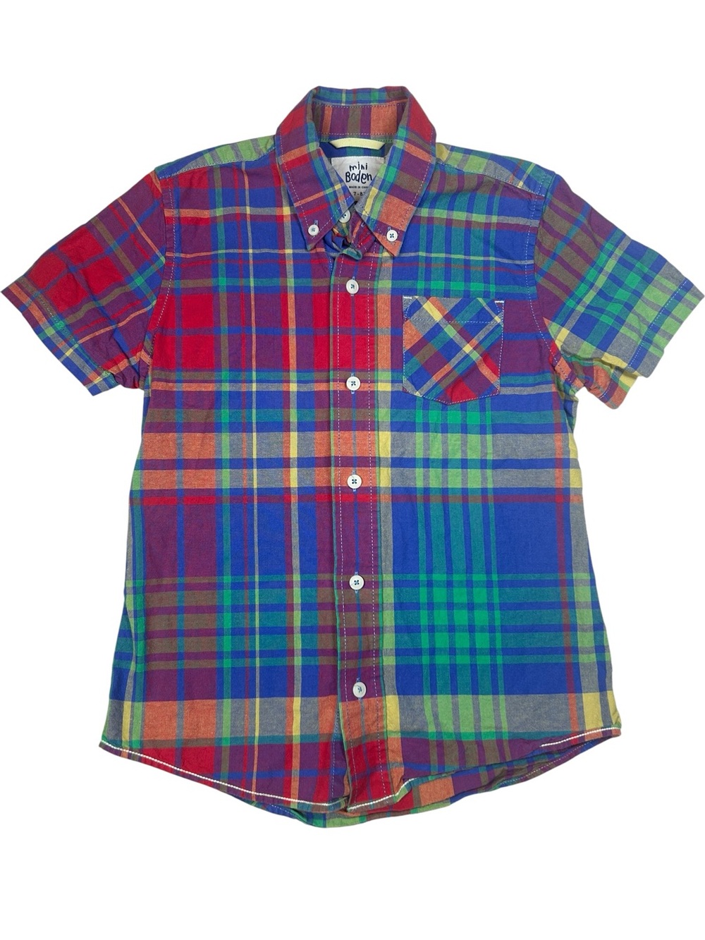 Mini Boden Multicolor Short Sleeve Plaid Button Down Shirt Sz 7-8Y